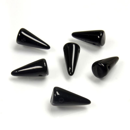 Czech Opaque Black  Style Spiked Spike Thorn Glass Beads 5x10 mm 30 Count